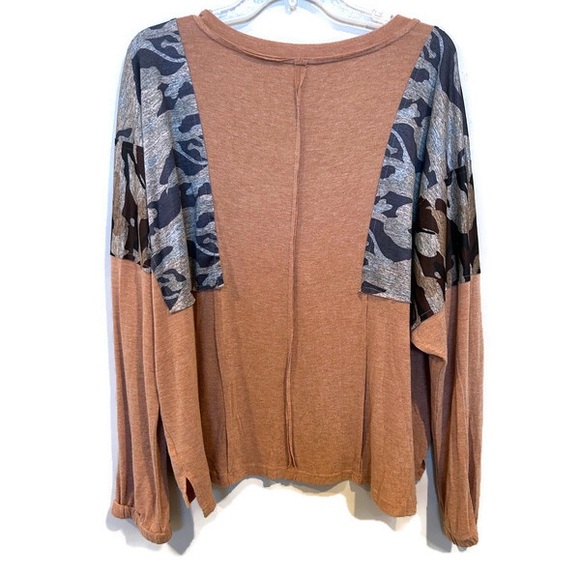 POL Women's Oversized Long Sleeve Lightweight Top with Patchwork Camouflage - Picture 2 of 4